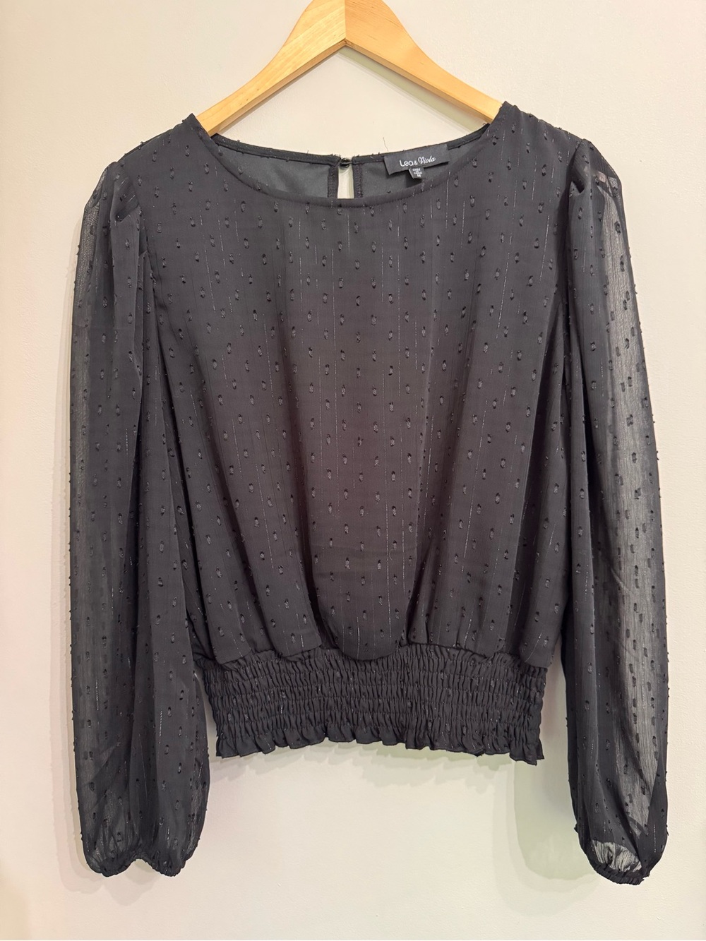 Lea & Viola Boatneck Black Sheer Swiss Dot Smocked Waist Blouse
